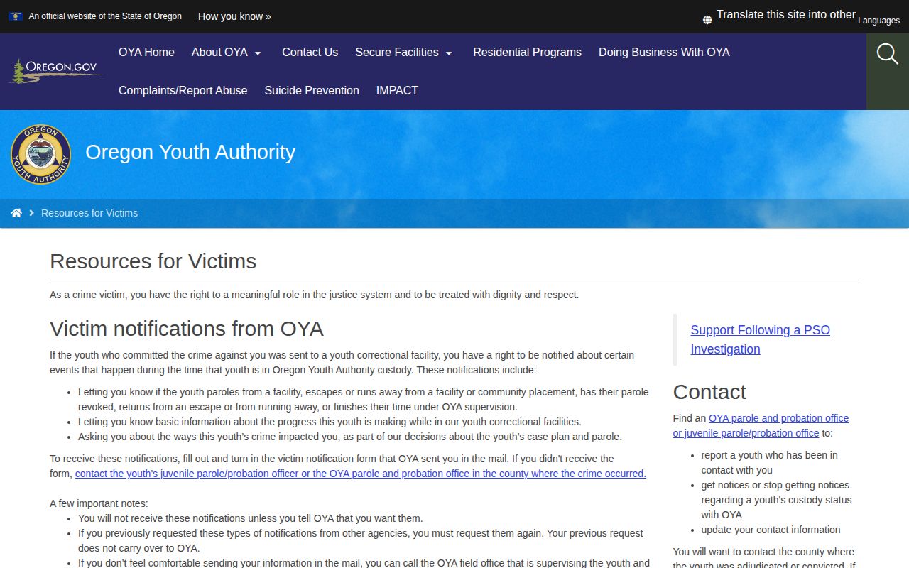 Oregon Youth Authority NORCOR juvenile release notification information