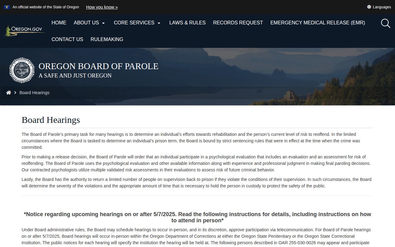 Sherman County parole release Board hearings page